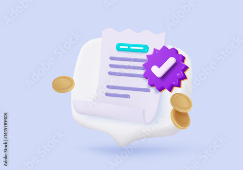 3D bill icon for payment transaction with notice. paper receipt for shopping offer in store. Business invoice bill expenses idea concept. 3d invoice list icon vector render illustration