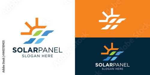 Modern simple solar energy logo template. Abstract solar panel with sun and leaf logo design vector illustration.