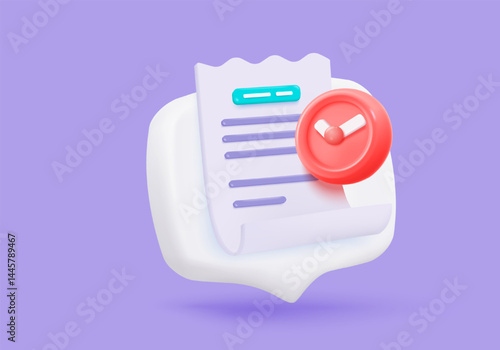 3D vector bill with clock alarm for payment transaction with money coin. Business invoice bill expenses idea concept. 3d vector render paper receipt for shopping in store isolate purple background