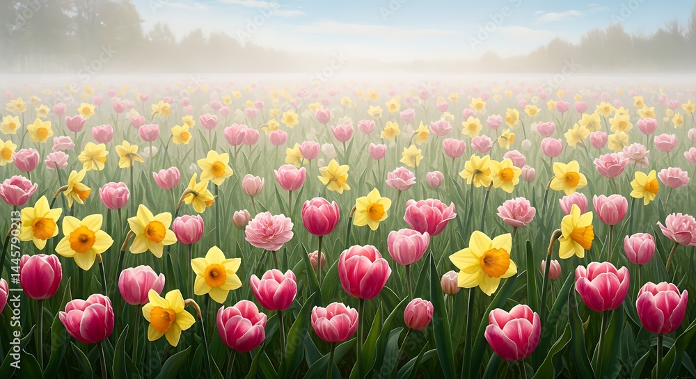 Fototapeta premium Misty Meadow Bloom AI Generated