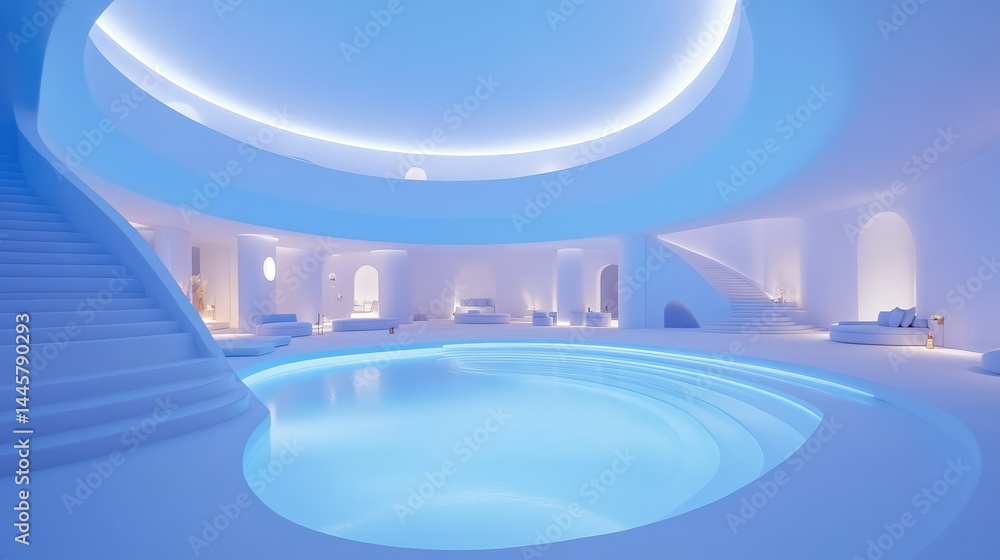 Fototapeta premium Whimsical, ethereal indoor pool area. Light-filled, modern, minimalist design