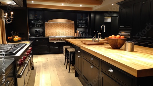 Wallpaper Mural Dark, Elegant Kitchen with Light Wood Island Torontodigital.ca