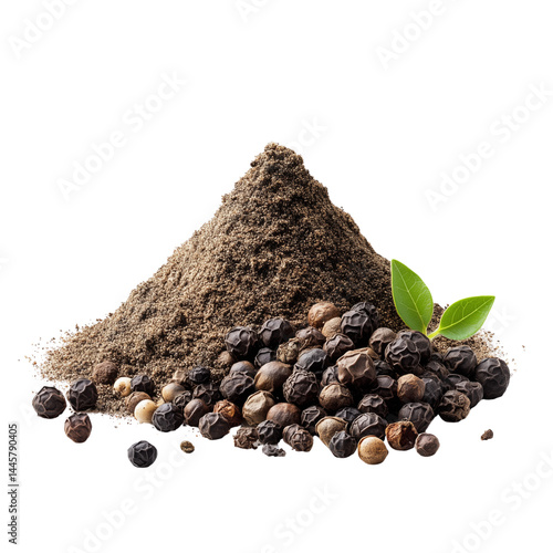 Black pepper powder with whole peppercorns and leaves © Vivid_Vision
