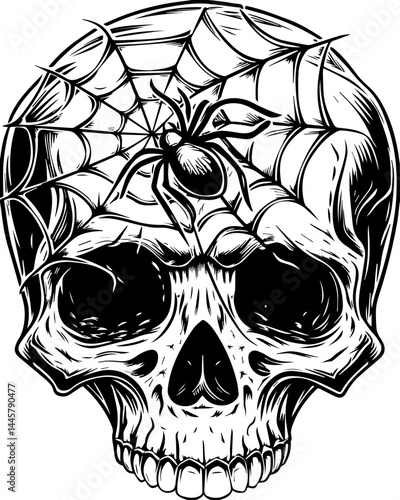SVG vector of dark fantasy skull with spider and web elements. Detailed Skull Illustration with Spider and Web Design in Black Ink