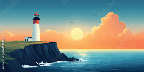 Coastline with Lighthouse at Sunset in Modern Flat Design Style