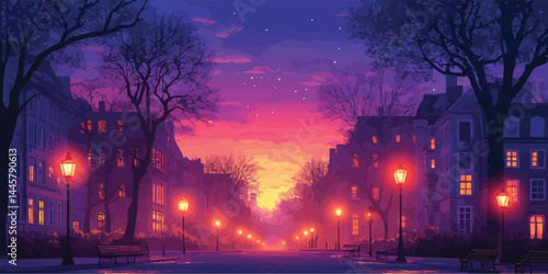 Evening square illuminated by lanterns in a modern flat design, capturing a serene twilight ambiance