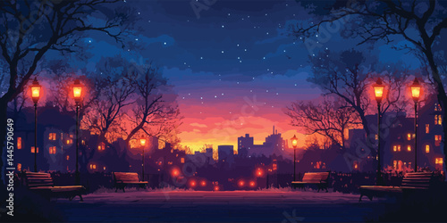 Evening square filled with lanterns under a starlit sky in a modern flat design