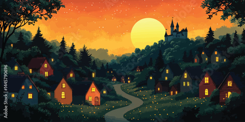 Charming fairytale castle village at sunset with warm lights and magical atmosphere