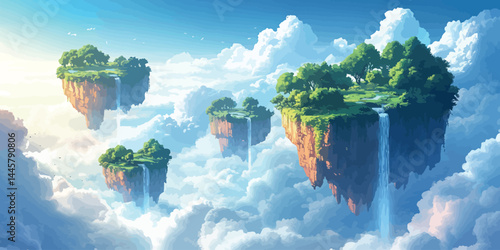 Floating fantasy islands with lush greenery and waterfalls under a colorful sky during sunset