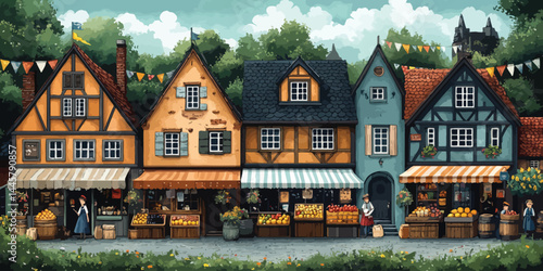 Market day square featuring vibrant stalls and charming architecture in a modern flat design
