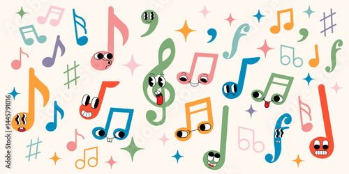 musical notations as groovy characters in doodle style in vector. Element for design advertisement mail posts poster print postcard banner mascot background