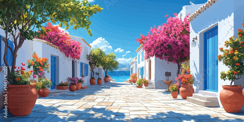 Vibrant Mediterranean square with pink flowers and blue doors in a modern flat design, evoking sunny coastal vibes
