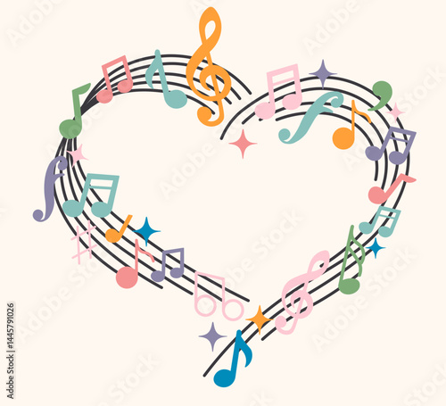 colored musical notations on a staff in doodle style in vector. Element for design advertisement mail posts poster print postcard banner