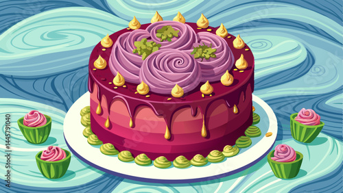 Layered rose cake dressed in velvety buttercream frosting.
Pistachio pieces sprinkled like jewels on top.
The marble table adds a cool, classic backdrop.
Ideal for vector art that speaks of refinement