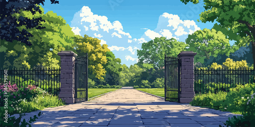 Beautiful park entrance gate design featuring a modern flat style in a vibrant outdoor setting