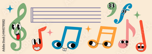 musical notations as groovy characters in doodle style in vector. Element for design advertisement mail posts poster print postcard banner mascot background
