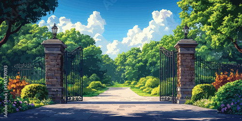Modern flat design of a park entrance gate with a well-defined pathway under a bright sky