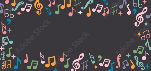 horizontal frame with musical notations in doodle style in vector. Element for design advertisement mail posts poster print postcard banner