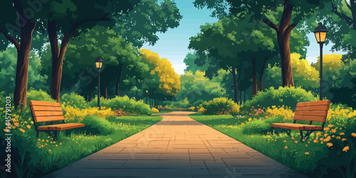 Modern park path featuring benches surrounded by lush greenery and blooming flowers in a sunny landscape