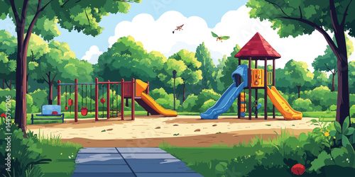 Modern playground design with slides, swings, and play structures in a sunny park environment