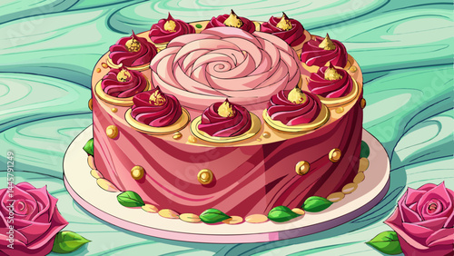 Layered rose cake dressed in velvety buttercream frosting.
Pistachio pieces sprinkled like jewels on top.
The marble table adds a cool, classic backdrop.
Ideal for vector art that speaks of refinement