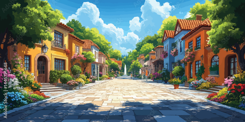Obraz premium Vibrant summer day in town square with colorful houses and blooming flowers in a modern flat design