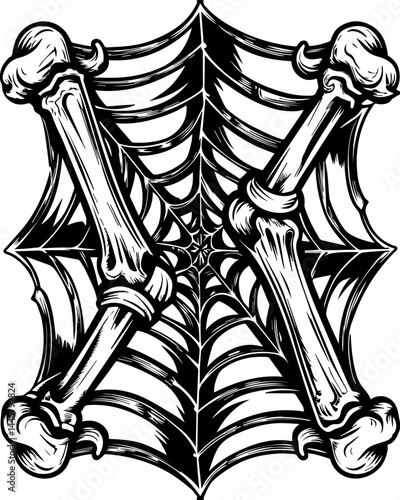 Stencil-like dark fantasy skull with iconic elements in SVG vector style.Intricate Black and White Illustration of Spider Web with Bones