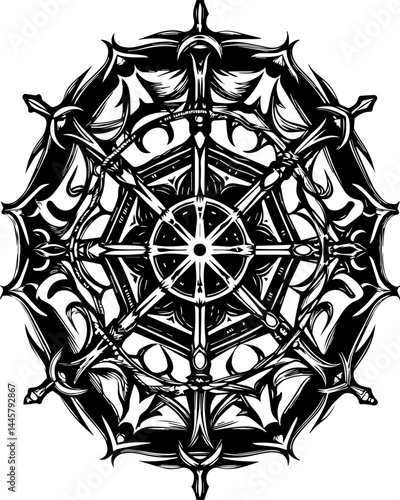 Stencil-like dark fantasy skull with iconic elements in SVG vector style.Intricate Black and White Decorative Mandala with Sharp Edges Design