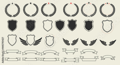 Vector laurel wreath shield wings ribbon banner design elements for logo badge emblem heraldic graphic
