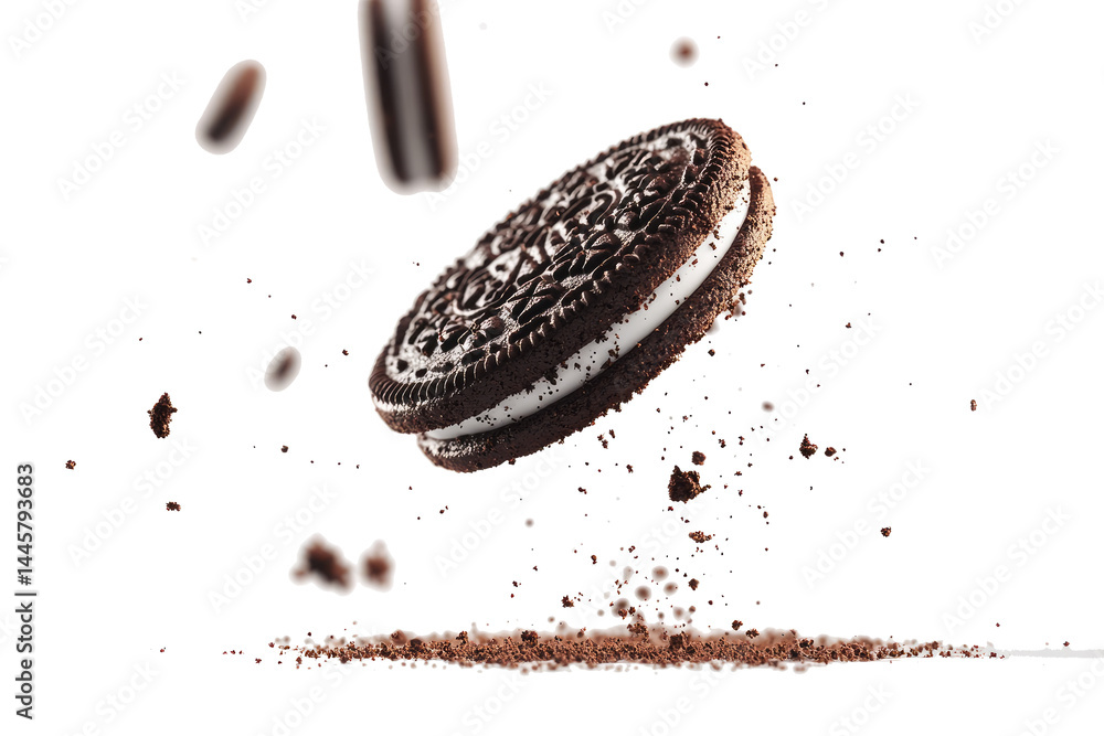 Close-Up Front View of Flying Oreo Cookies with Crumbs Close-Up Front View of Flying Oreo Cookies with Crumbs