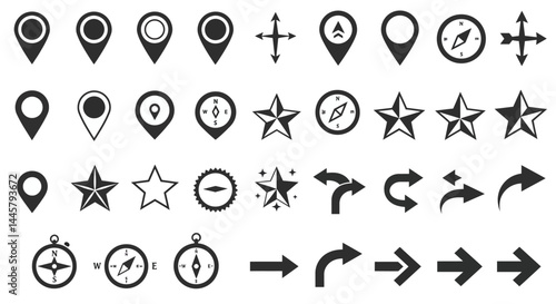 Navigation icons set location pin compass star arrow map direction sign vector gps destination travel 
