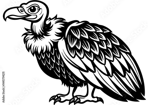 A coloring page featuring a cartoon vulture standing on a grassy surface, with a simple sun and moon scene in the background.