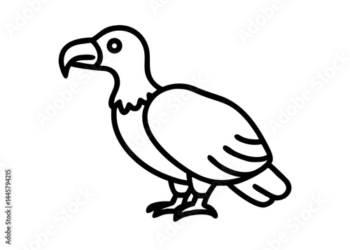 A coloring page featuring a cartoon vulture standing on a grassy surface, with a simple sun and moon scene in the background.