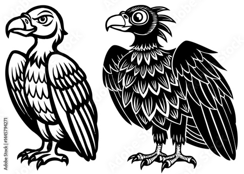 A coloring page featuring a cartoon vulture standing on a grassy surface, with a simple sun and moon scene in the background.