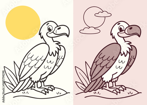 A coloring page featuring a cartoon vulture standing on a grassy surface, with a simple sun and moon scene in the background.