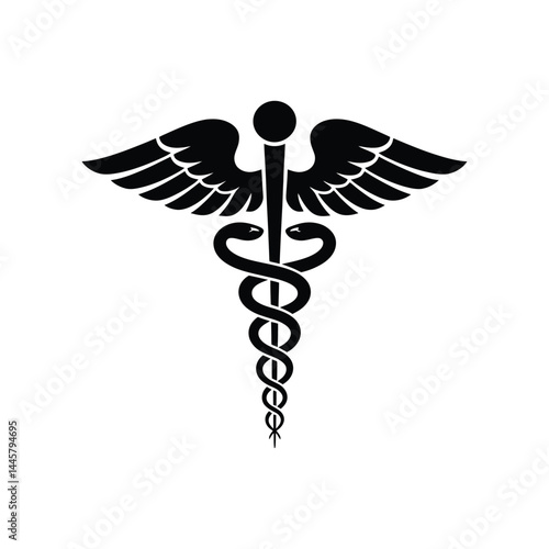 Black vector illustration of caduceus and asclepius wand

