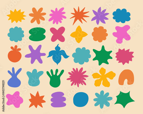 Set of abstract basic shapes. Organic stars and flowers elements. . Comic doodle figure in flat style