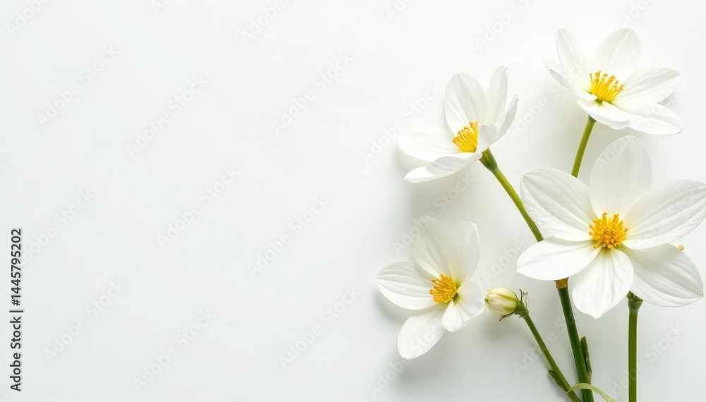 Fototapeta premium Delicate white flowers on pure white background, photography, image