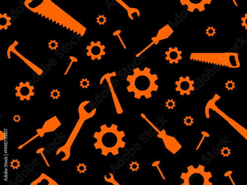 black background pattern with orange work tools