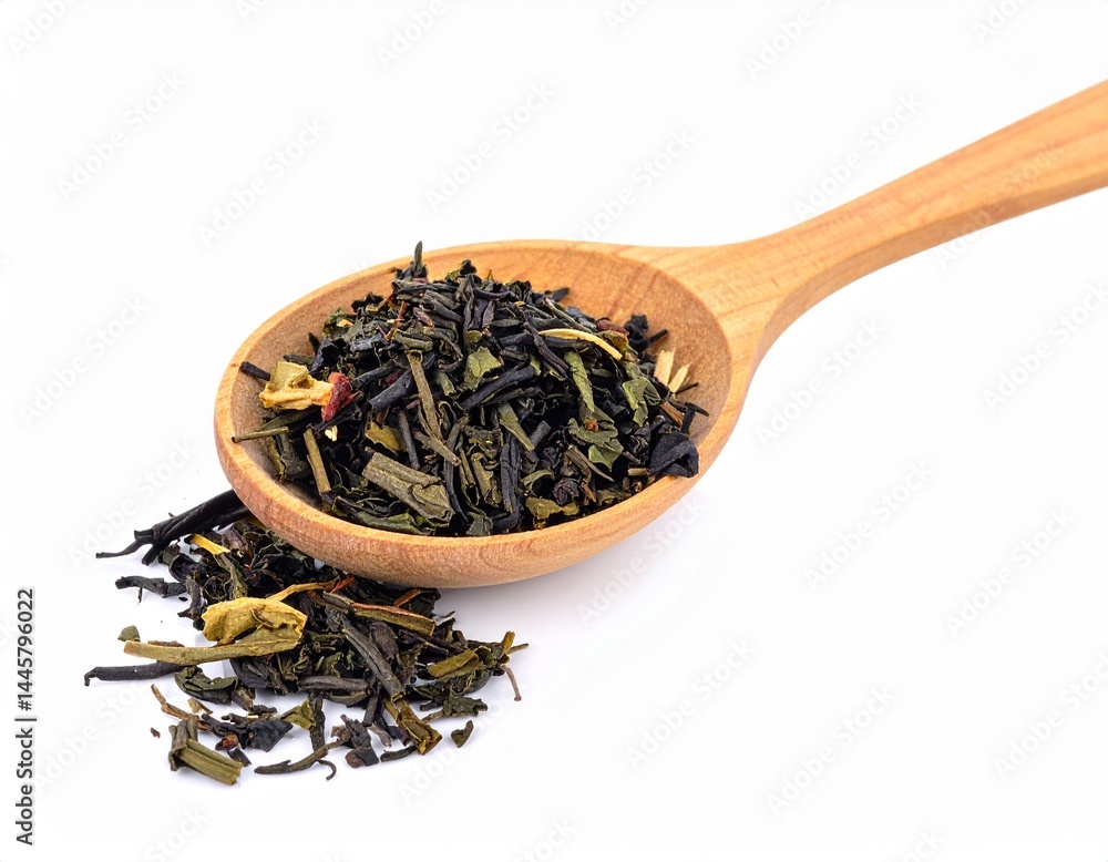 Fototapeta premium leaf tea in a wooden spoon isolated on white background