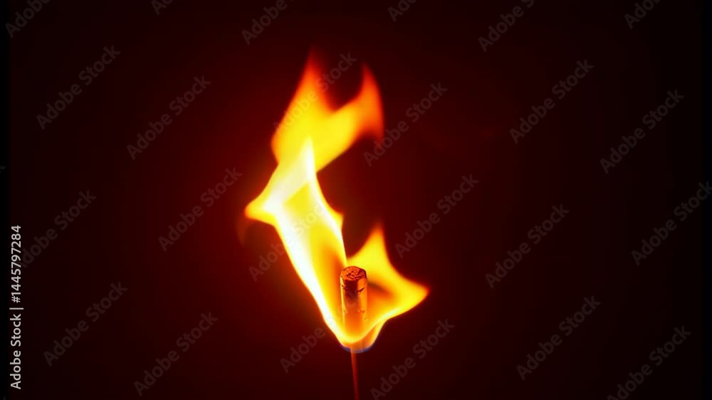 A close-up view of a flame burning on a matchstick, the background is in the dark. The color of the flame is yellow and orange, giving a warm atmosphere A close-up view of a flame burning on a matchstick, the background is in the dark. The color of the flame is yellow and orange, giving a warm atmosphere