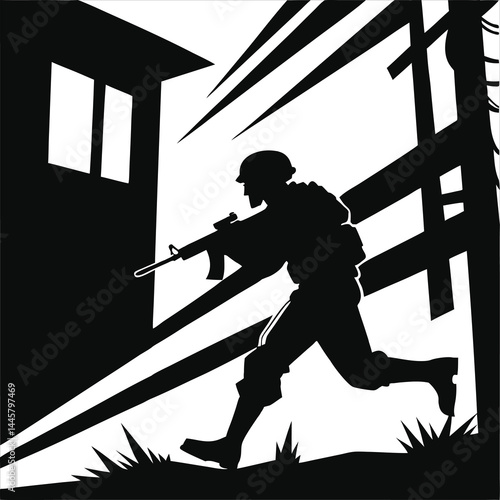 Silhouette of a young man, a soldier with a rifle, stands as a black vector illustration against a window, a powerful image of military presence
