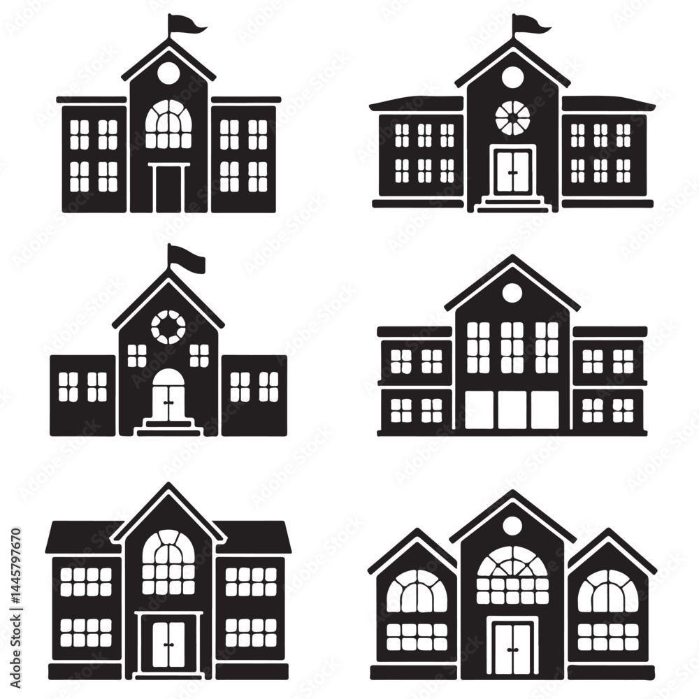 black vector different school buildings silhouette black vector different school buildings silhouette