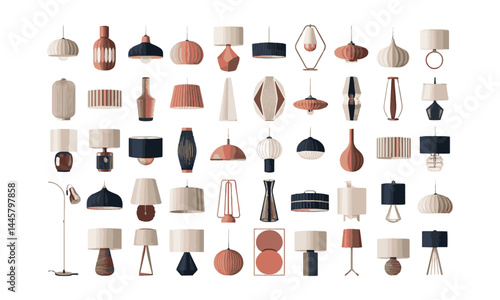 A flat modern vector illustration of a collection of various stylish lamps, easily editable.