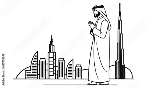 A black vector illustration shows a silhouette of a man in the city