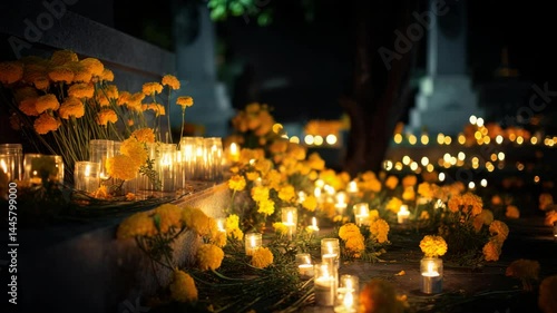 Candles in glass jars and orange marigolds decorating a memorial space at night. Remembrance and honoring the dead.