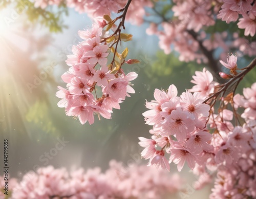 Soft pink sakura petals descend against a blurred, sunlit background, soft focus ,  dreamy,  oriental