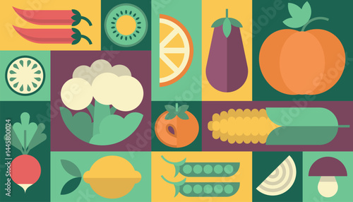 Vegetables fruits diet healthy food vegetarian background vector geometric menu poster icon set logo