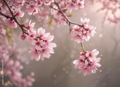 Soft pink sakura petals descend gracefully, bokeh background, spring ambiance , sakura,  gentle