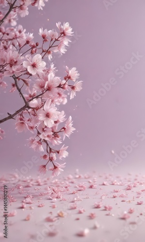 Soft pink sakura petals descend on a pastel purple background, creating a gentle scene ,  ethereal,  visual,  photography